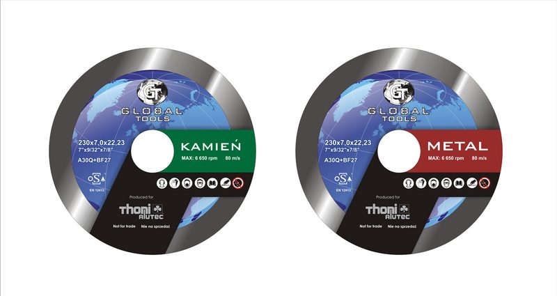 Etykiety Global Tools na tarczach do cięcia kamienia i metalu