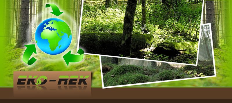 Logo Eko-Rek na grafice z kulą ziemską, symbolem recyklingu i lasem