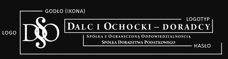 Budowa logo Dalc i Ochocki – Doradcy z podpisanymi elementami: godło, logotyp i hasło