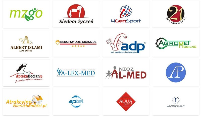 Zestaw zaprojektowanych przez nas logo, m.in. MZGO, Siedem Życzeń, 4GenSport, ADP, Agromet i Apteka Bocian
