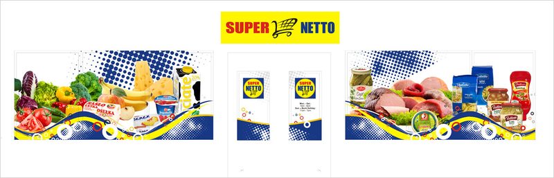 Wizualizacja szyldu i oklejenia okien oraz drzwi sklepu Super Netto